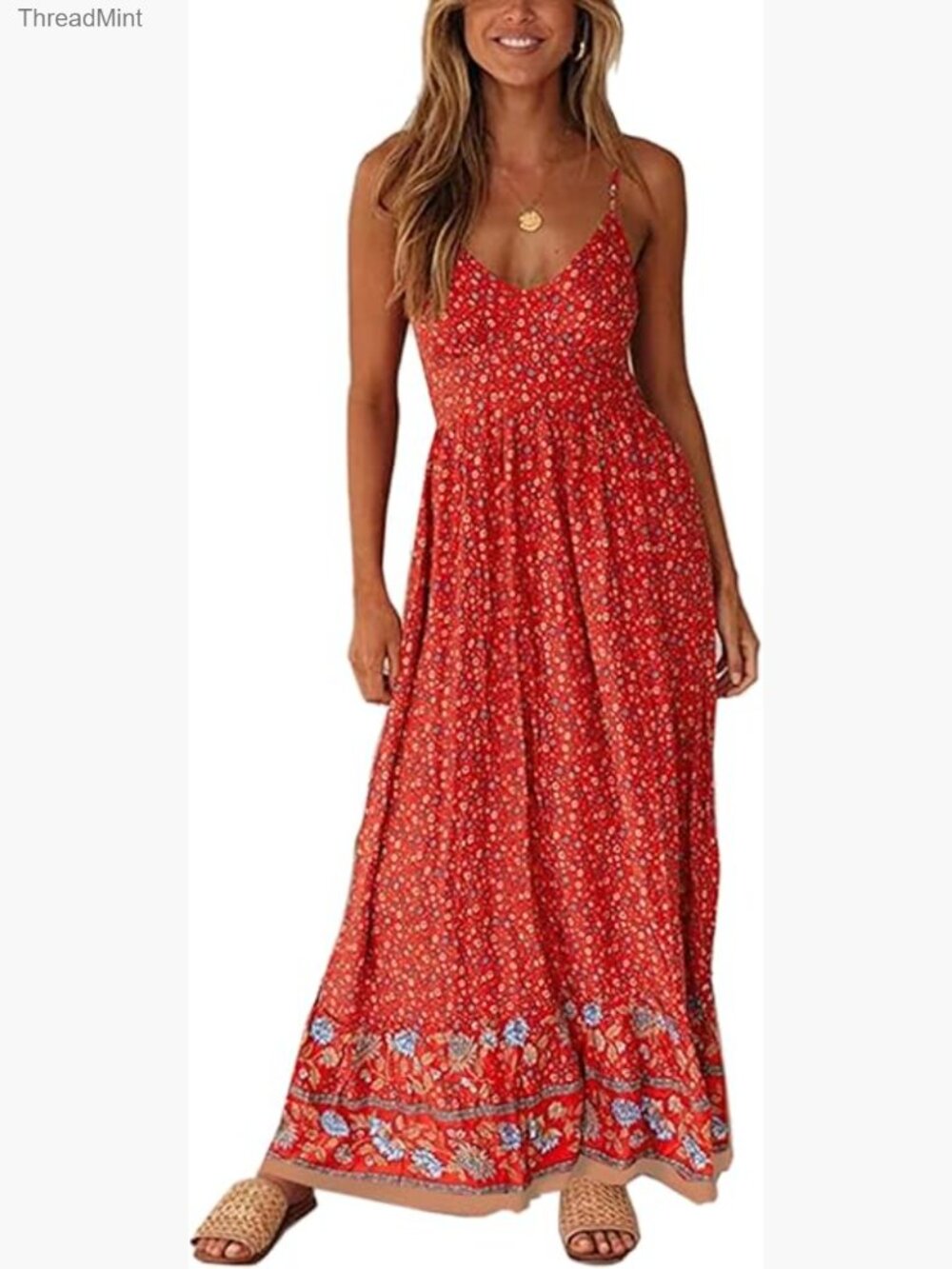 Floral Maxi Dress Adjustable Spaghetti Strap V-Neck Boho Summer Beach